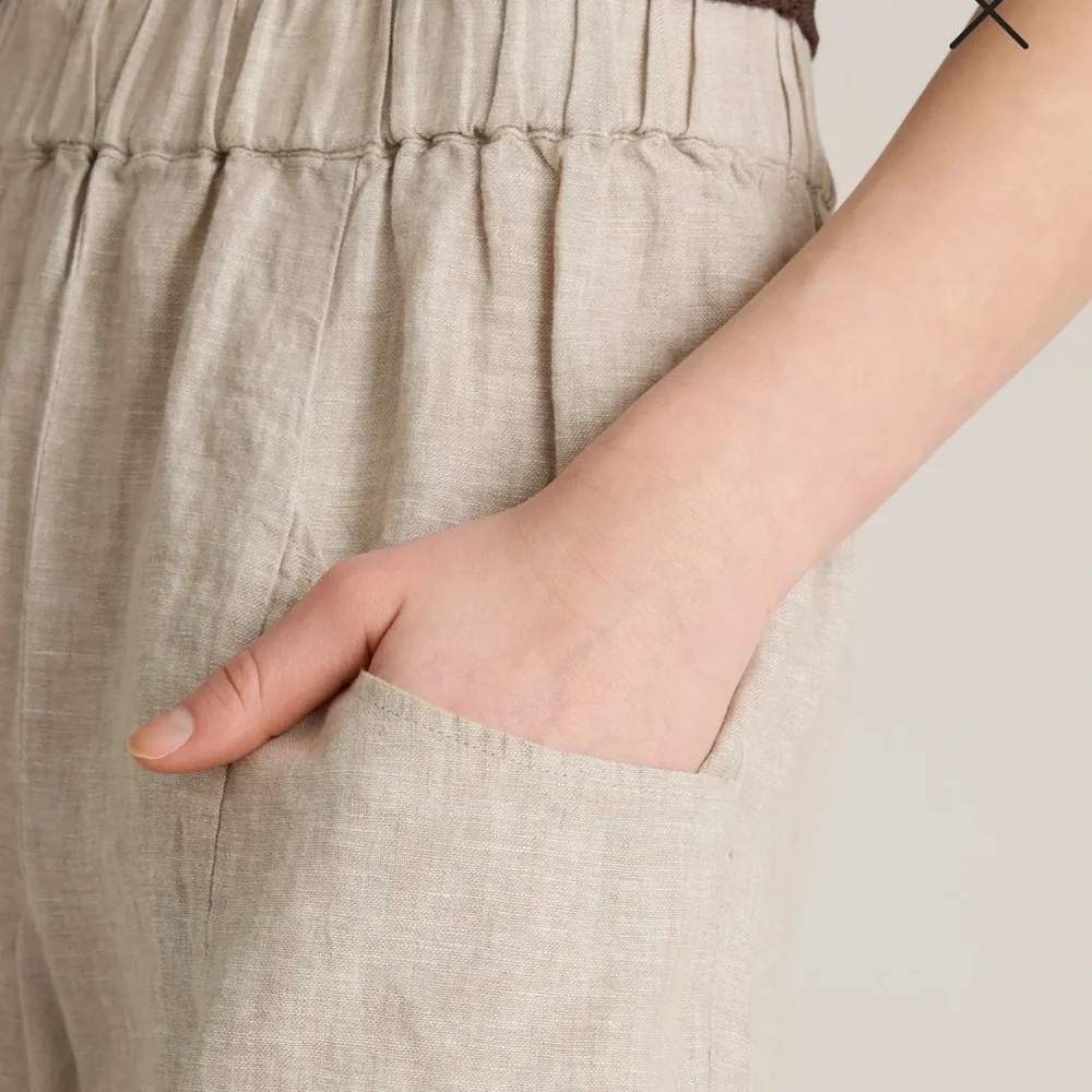 Quince Sand European Flax Linen Tapered Ankle Pant Sz Large Elastic Waist